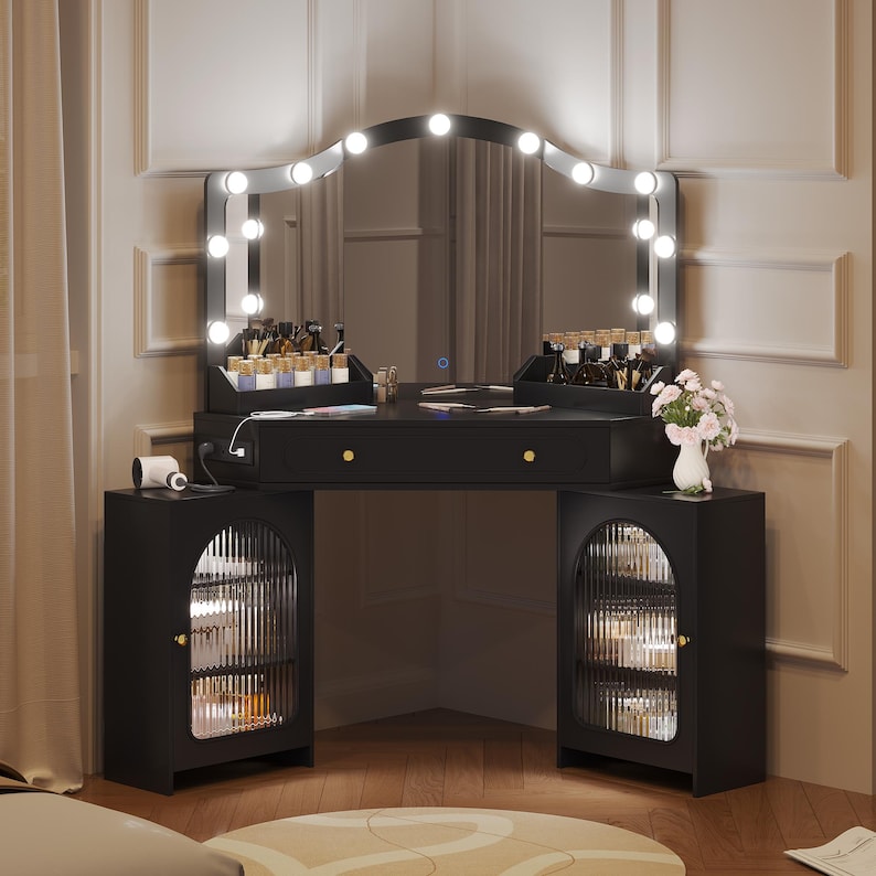Corner Vanity Desk with 3-Way Mirror, LED Lights, Storage Cabinets, Power Outlet - MDF Wood image 15