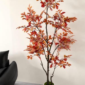 Artificial Fall Tree, Autumn Red Oak Tree with White Woven Planter, Indoor Fake Plant Décor for Entryway, Living Room