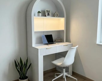 Arched Home Office Desk with Hutch, LED Lights & Charging Station