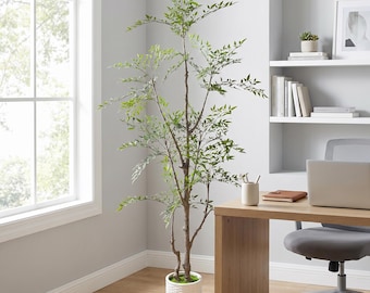 Artificial Nandina Tree, Realistic Branches, White Woven Planter, Indoor Decor