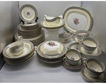 Aynsley Lancaster Gray Bone China Dining Set 55 Piece, Plates, Teacups, Bowls,