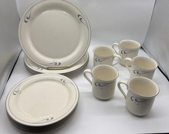 Conjunto de 15 peças de louça fina LENOX Chinastone GREY BRUSHSTROKES, incluindo pratos, xícaras e outros itens.