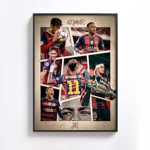 Puede incluir: Un póster enmarcado con múltiples imágenes de Neymar en varias poses de fútbol. El póster tiene una estética vintage con un diseño de collage. El nombre "Neymar" está escrito en la parte superior. El póster incluye imágenes de Neymar con su uniforme de fútbol.
