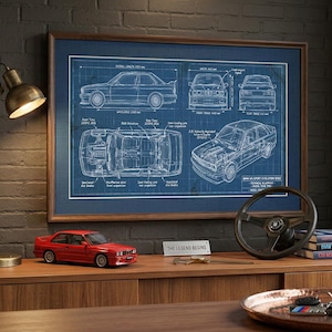BMW M3 E30 Evolution 1 Blueprint Wall Art | Classic German Car Decor | E30 M3 Poster | Car Enthusiast Gift | Mechanic Garage Art Printable