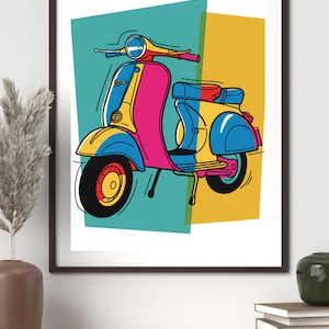 Puede incluir: Una impresión artística enmarcada con una colorida ilustración de un scooter vintage. El scooter está representado en colores brillantes: amarillo, rosa y azul, sobre un fondo turquesa y amarillo. La obra de arte está enmarcada en un marco marrón oscuro.