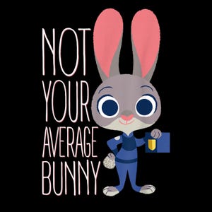 Peut inclure: Illustration de dessin animé d'un lapin gris portant un uniforme de police bleu, tenant un dossier bleu avec un badge doré. Le texte "NOT YOUR AVERAGE BUNNY" est écrit en blanc sur fond noir.
