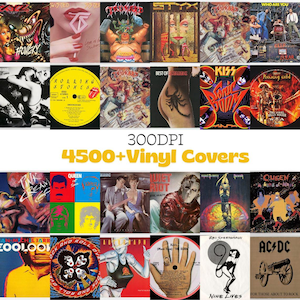 Puede incluir: Una colección de portadas de álbumes de vinilo, con varios artistas de rock y pop. La imagen incluye arte de álbumes de bandas como Kiss, Queen y AC/DC, con el texto "4500+ Vinyl Covers".