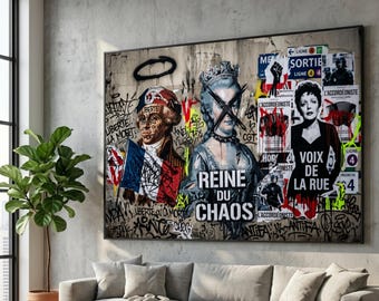 Urban Street Art Canvas, Political Graffiti Wall Art, Reine du Chaos Poster, French Revolution Theme, Contemporary Wall Decoration