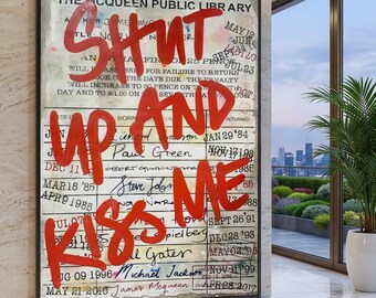 Bold Red Graffiti Canvas, James McQueen Wall Art, Library Card Mixed Media, Urban Art, Contemporary Canvas Decoration