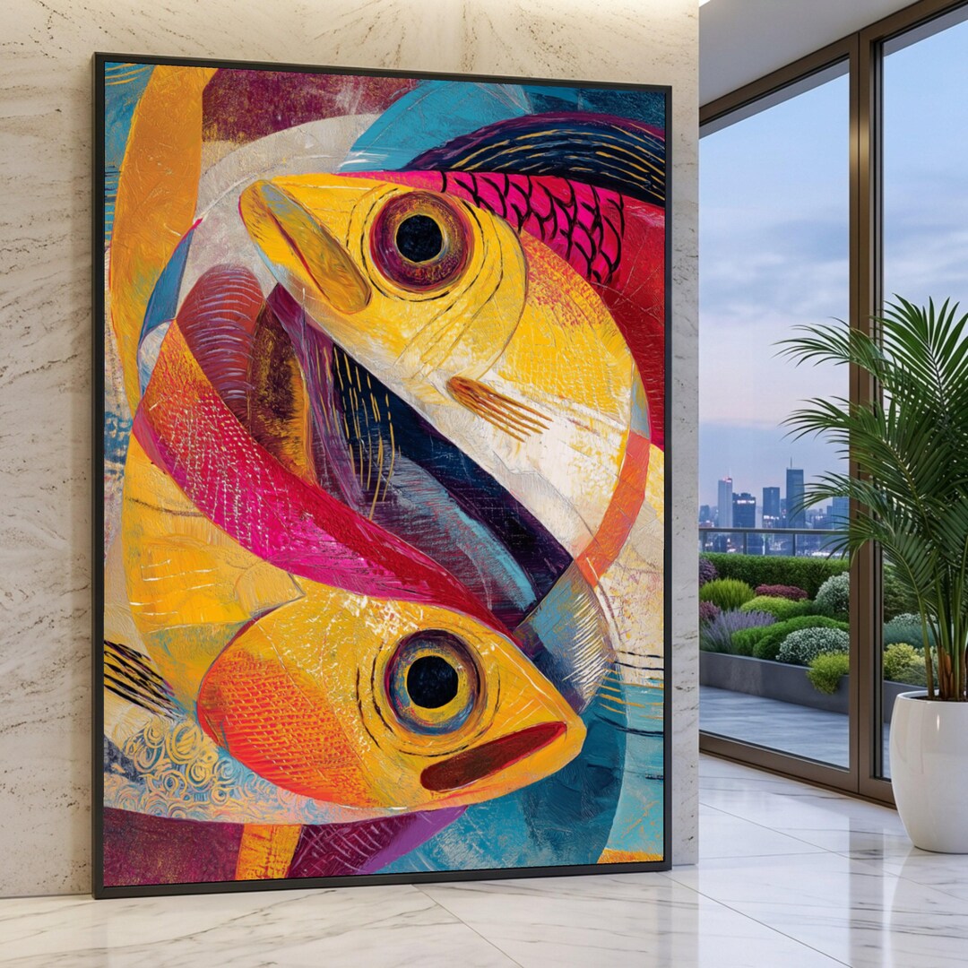 Colorfull Abstract Fish Colorful Abstract Fish Canvas Wall Art, Modern Marine Life Painting ...