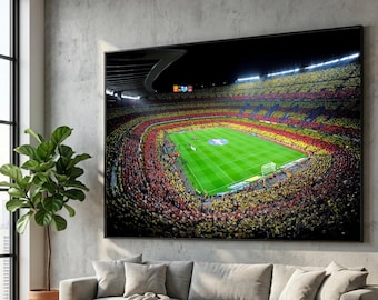 Vibrant Soccer Stadium Night View Canvas, Football Field Canvas Wall Art, Stadium Crowd Panorama, Sports Event Decoration