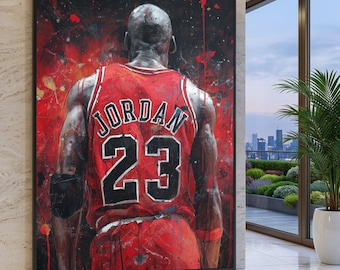 Michael Jordan #23 Red Basketball Jersey Canvas Wall Art, Sports Icon Portrait, Chicago Bulls Canvas, Athletic Home Decor, Basketball Legend