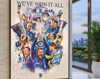 Champions Celebration Canvas, Football Trophy Victory Wall Art, Soccer Team Triumph Canvas, Sports Achievement Decor, Chelsea FC Wall