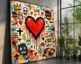 Red Heart Graffiti Canvas, Urban Expressionist Art Print
