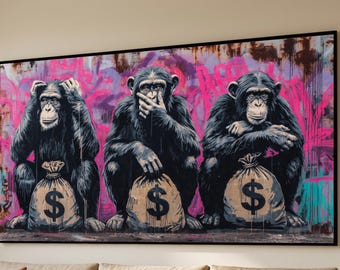 Three Wise Monkeys with Money Bags Canvas, Urban Street Art Wall Decor, Financial Concept Canvas Art, Modern Graffiti Style Print