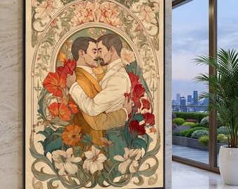 Romantic Embrace Gay Couple Art, Vintage Floral Illustration, Art Nouveau Print