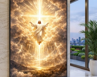 Jesus Ascending Canvas, Radiant Cross Spiritual Wall Art, Inspirational Religious Decoration