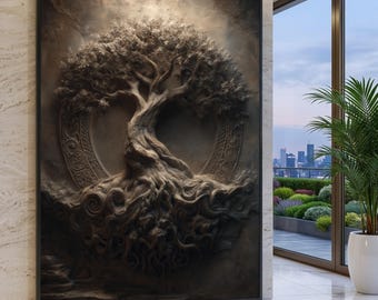 Ancient Tree of Life Canvas, Ornamental Wall Art, Mystical Nature Decor, Rustic Woodland Canvas Design, Ready to Hang Home Decoration