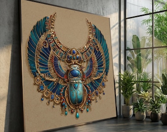 Ancient Egyptian Scarab Canvas Wall Art, Blue Gold Winged Beetle, Mythological Decor, Egyptian Symbolism Canvas, Spiritual Home Decoration