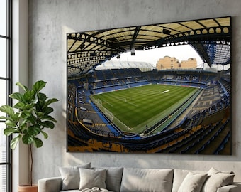 Empty Football Stadium Interior Canvas, Panoramic Soccer Field Wall Art, Sports Arena Decor, Blue Seating Canvas, Stadium Architecture Print