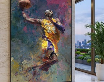 Dynamic Basketball Dunk Canvas Wall Art, Sports Athlete Portrait, Los Angeles Lakers Jersey, Action Sports Painting, Home Gym Decoration