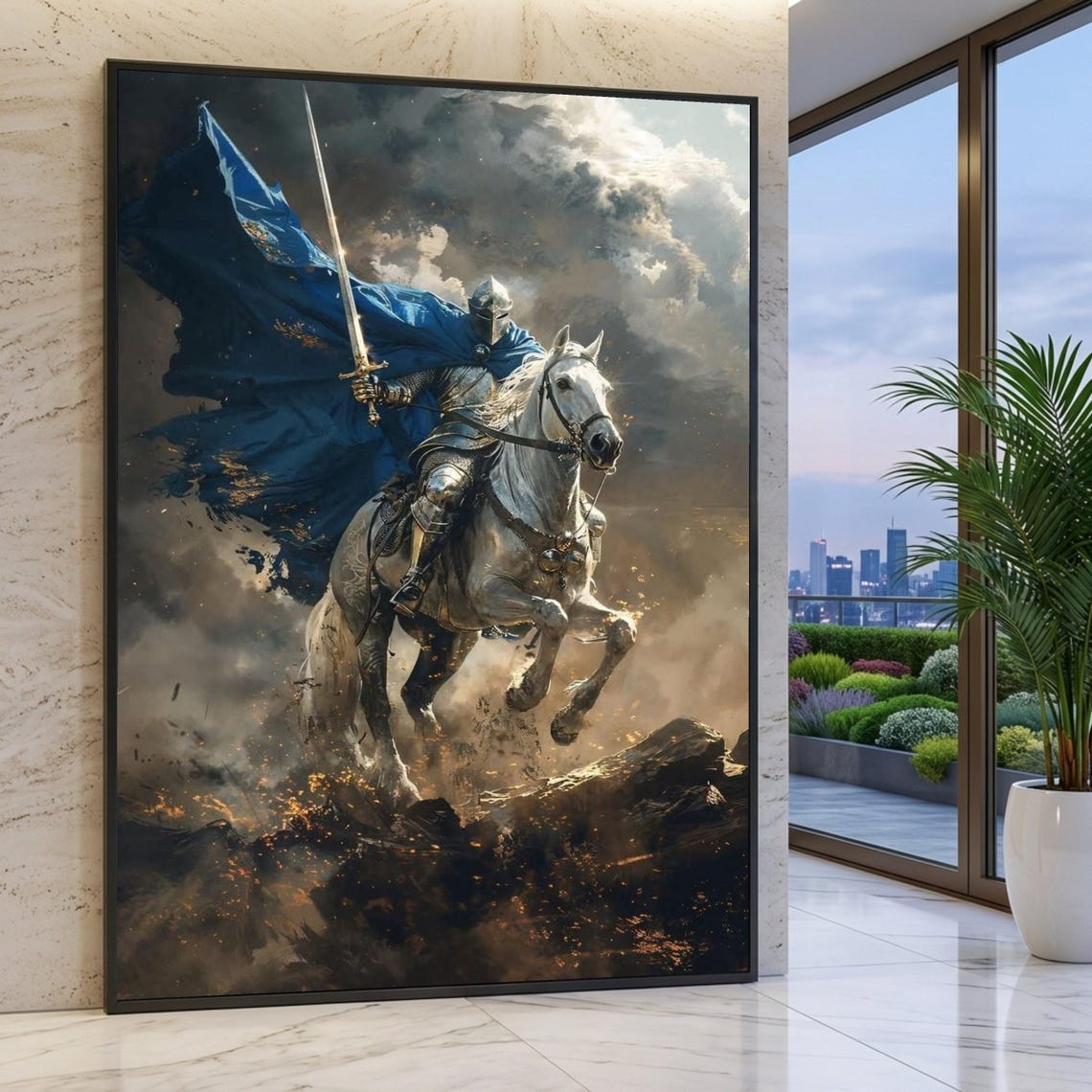 Brave Knight on White Horse Canvas, Medieval Warrior Wall Art, Fantasy ...