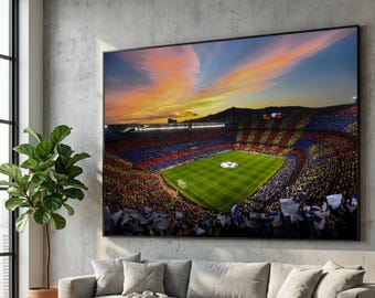 Vibrant Soccer Stadium Canvas, Colorful Crowd Scene, Sunset Sky Sports Wall Art, Football Match Canvas Decoration, Large Venue Panorama