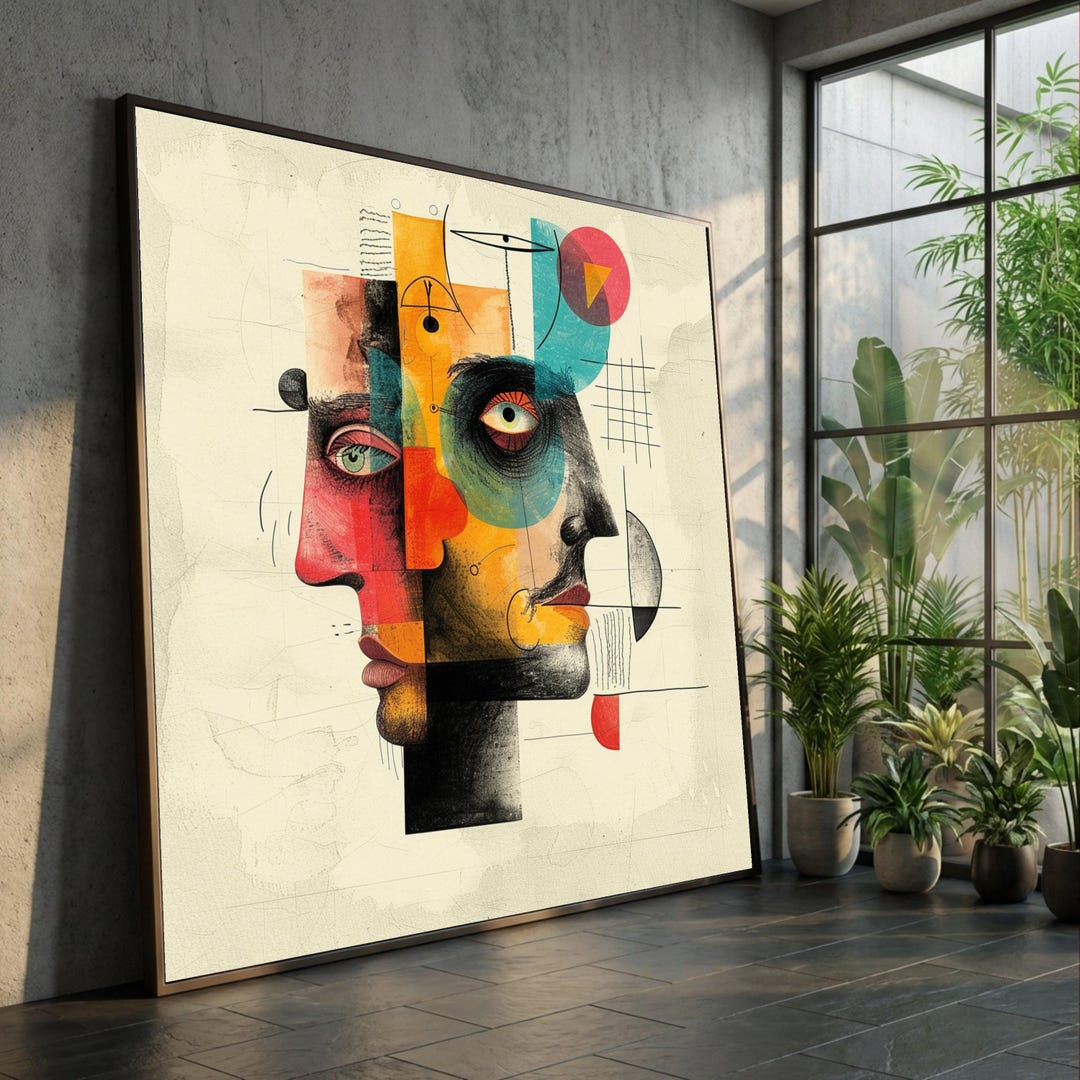 Modern Abstract Faces Canvas Wall Art, Geometric Portrait Painting ...