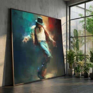 Könnte beinhalten: Ein gerahmter Kunstdruck zeigt ein stilisiertes Bild einer Person mit Fedora-Hut und weißem Hemd in einer Tanzpose. Das Kunstwerk verwendet Blau-, Grün-, Rot- und Brauntöne. Der Druck wird in einem Raum mit Fenster und Pflanzen ausgestellt.