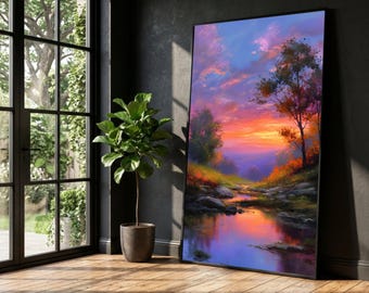 Tranquil Sunset River Landscape, Vibrant Sky Canvas, Autumn Trees Wall Art, Reflective Water Scene, Nature Home Decoration