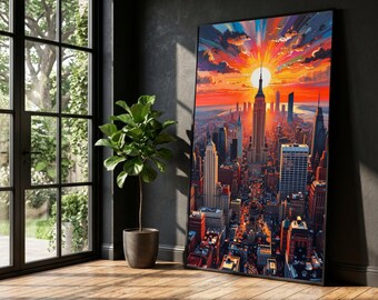 Vibrant Sunset Cityscape Canvas, Urban Skyline Wall Art, Colorful New York City Canvas, Sunset Downtown Scene, Modern City Canvas Decoration