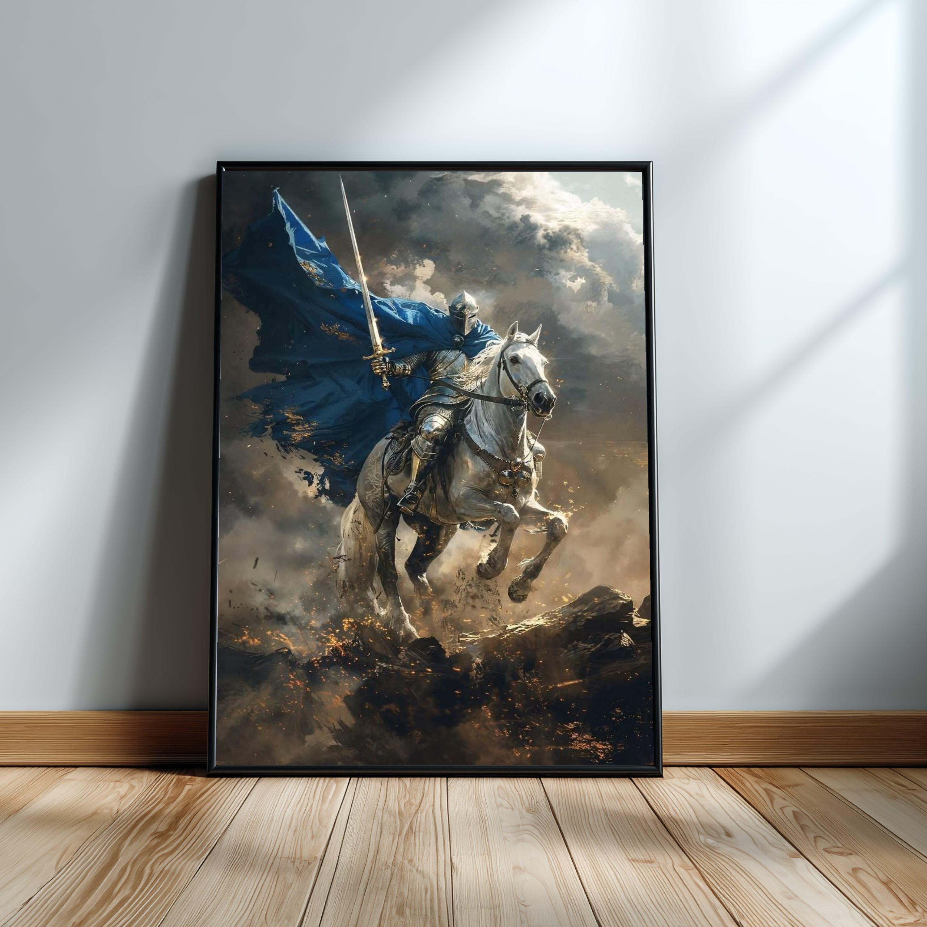 Brave Knight on White Horse Canvas, Medieval Warrior Wall Art, Fantasy ...