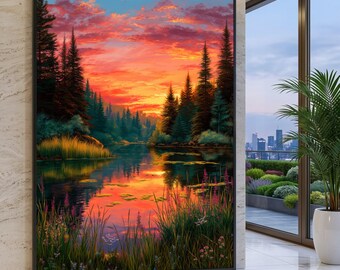 Vibrant Sunset Over Tranquil Forest River Canvas, Nature Landscape Wall Art, Colorful Evening Sky Reflection, Woodland Scene Decoration