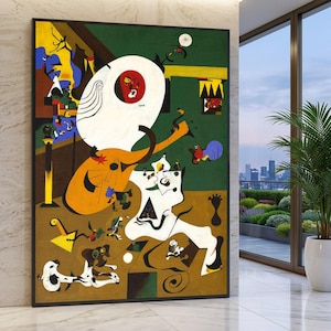 Puede incluir: Una gran impresión de arte mural rectangular que presenta una pintura surrealista con un fondo verde oscuro, una forma naranja prominente similar a una guitarra, un gran óvalo blanco y varias formas geométricas y orgánicas abstractas en negro, amarillo y azul.