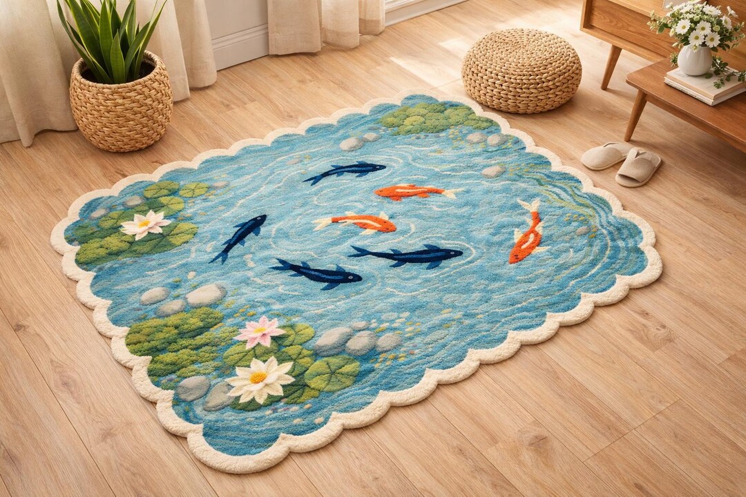 Fish Tuft Rug Hand Tufted Koi Fish Pond Rug | Scalloped Edge 2x3 8x10 Wool Area Rug ...