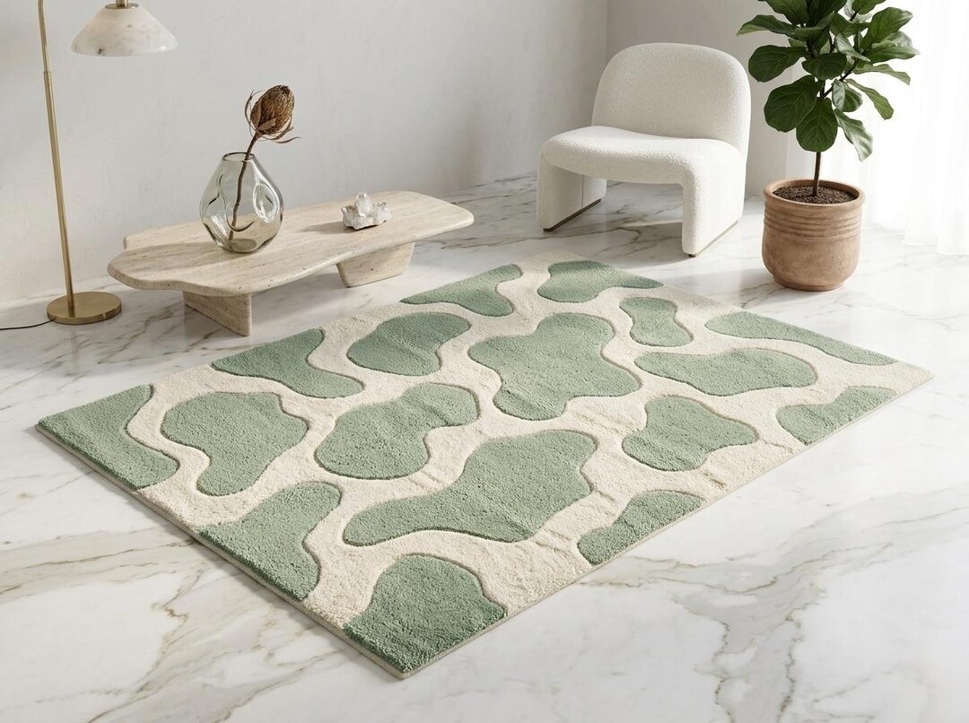 Abstract Organic Shape Rug, Green Cream Hand Tufted Wool Area Rug ...