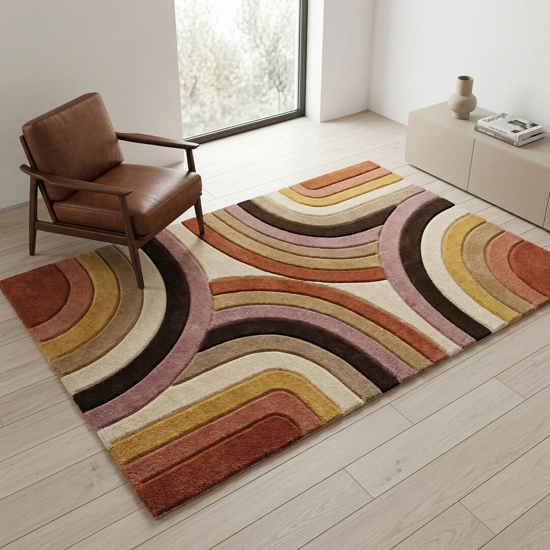 Handmade Retro Wave Rug, Hand Tufted Wool Geometric Area Rug, 70s Boho ...