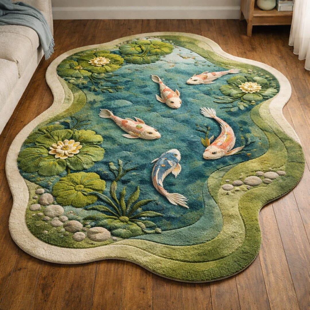 Koi Fish Pond Shape Rug – Handmade 3D Nature Inspired Tufted Carpet,2x5 ...