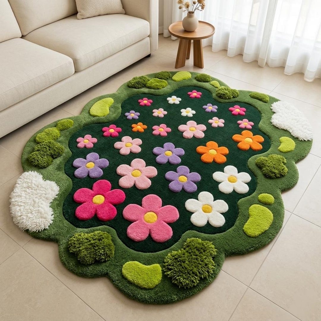 Flower Garden Tufted Wool Rug, Cute Shaped Floral Area Rug for Kids ...