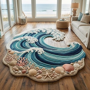 May include: A large, ocean-themed rug in the shape of a wave. The rug features shades of blue and white to depict the water and foam. The base of the rug has a sandy beach design with seashells, coral, and a starfish.