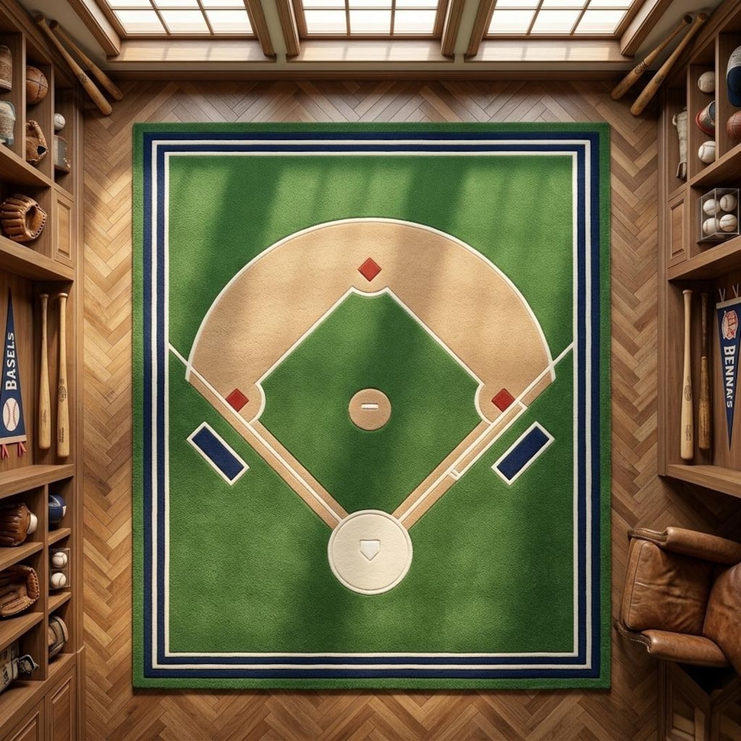 Baseball Rug Drawing Baseball Field Rug, Hand Tufted Wool Area Rug for Kids Room, Sports ...