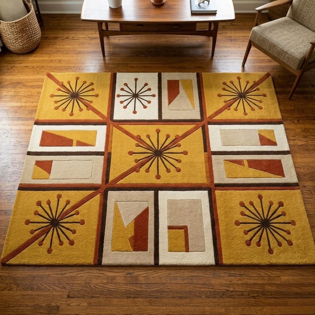 Mid Century Modern Rug, Retro Atomic Starburst Tufted Wool Area Rug ...