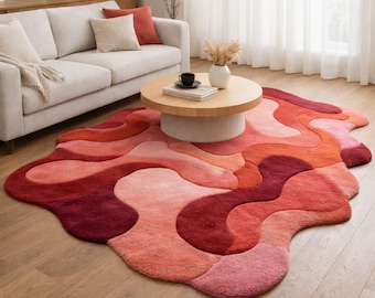 Hand Tufted Irregular Pink Abstract Rug –  Wool Area Rug – Modern Organic Shape Carpet – Blush Coral Statement Living Room Decor Carpet