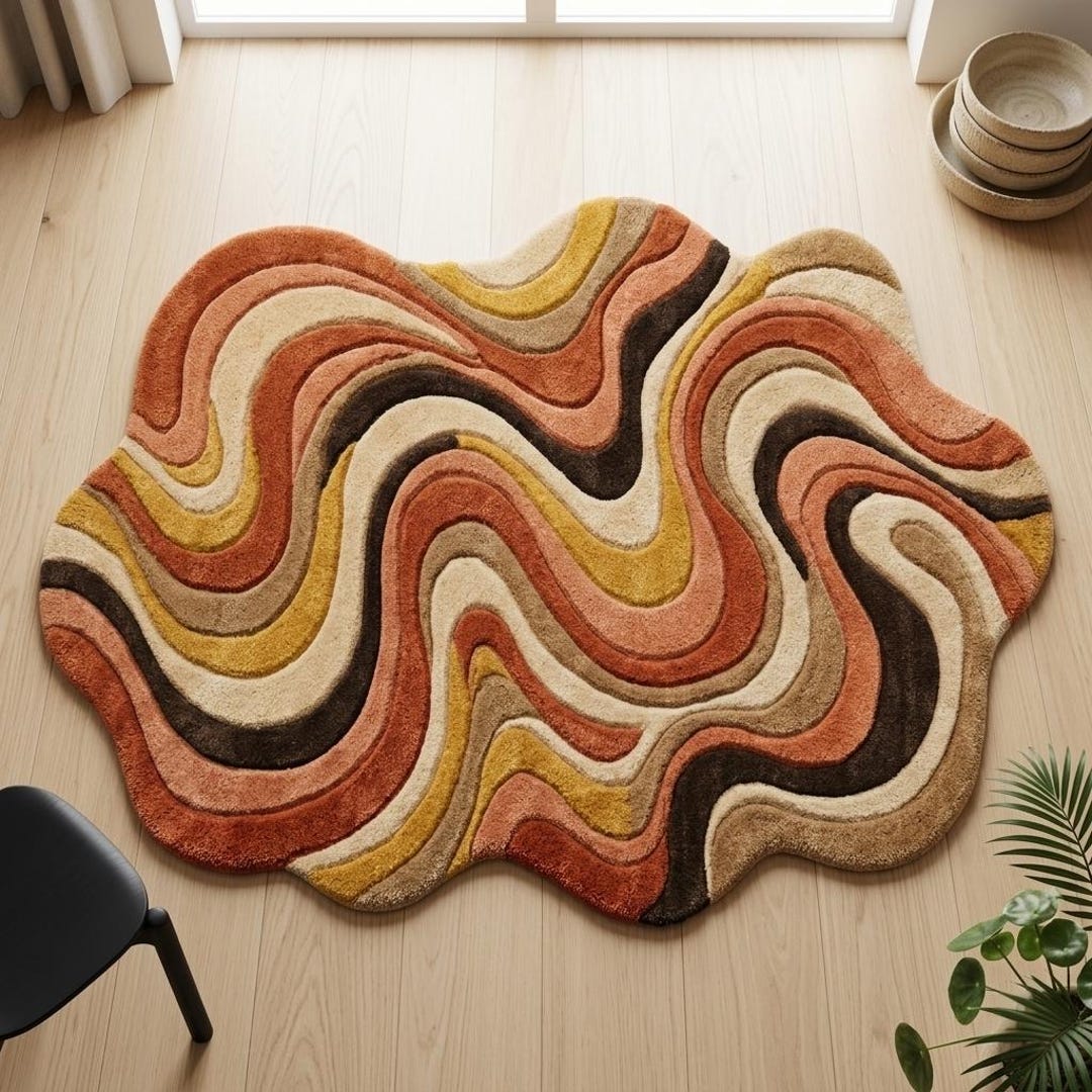 Abstract Wave Tufted Wool Rug, Organic Shape Area Rug, Modern Retro ...