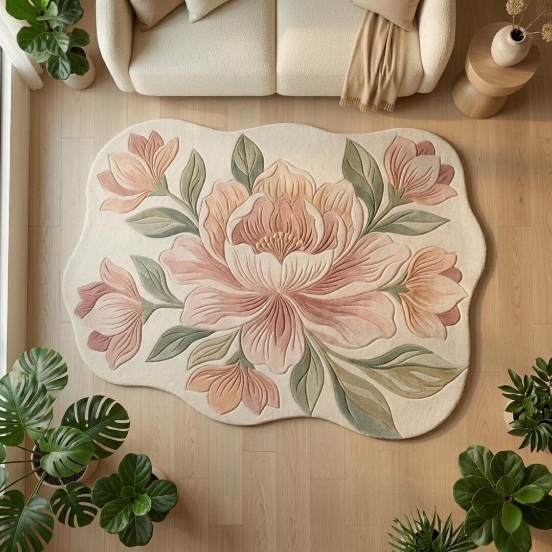 Floral Tufted Wool Rug, Irregular Flower Area Rug, Pastel Botanical ...