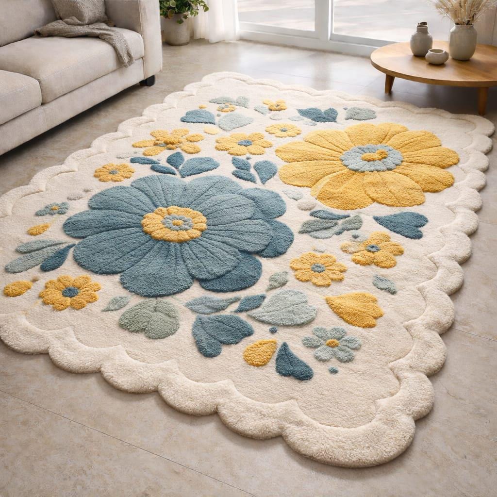 Hand Tufted Floral Rug, Scalloped Edge Flower Area Rug, Blue