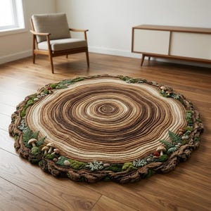 Tree Ring Rug, Woodland Moss Rug, Hand Tufted Wool Area Rug, Forest Floor Decor, Brown Beige Round Rug, Nature Inspired Nursery Rug | 6x6 7x