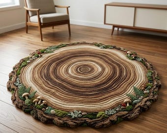 Tree Ring Rug, Woodland Moss Rug, Hand Tufted Wool Area Rug, Forest Floor Decor, Brown Beige Round Rug, Nature Inspired Nursery Rug | 6x6 7x