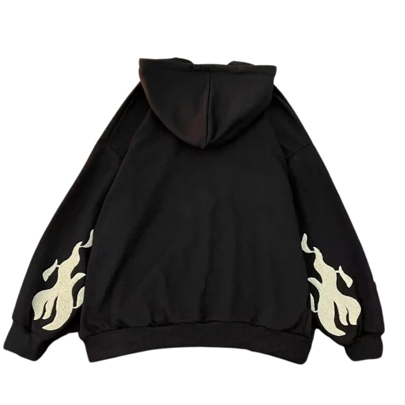 May include: Black hoodie with a hood and long sleeves. The sleeves feature a flame design in a lighter color. The hoodie is made of a soft material and is suitable for casual wear.