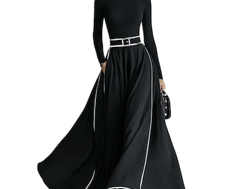 Black Elegant Turtleneck Maxi Dress White Trim Belted